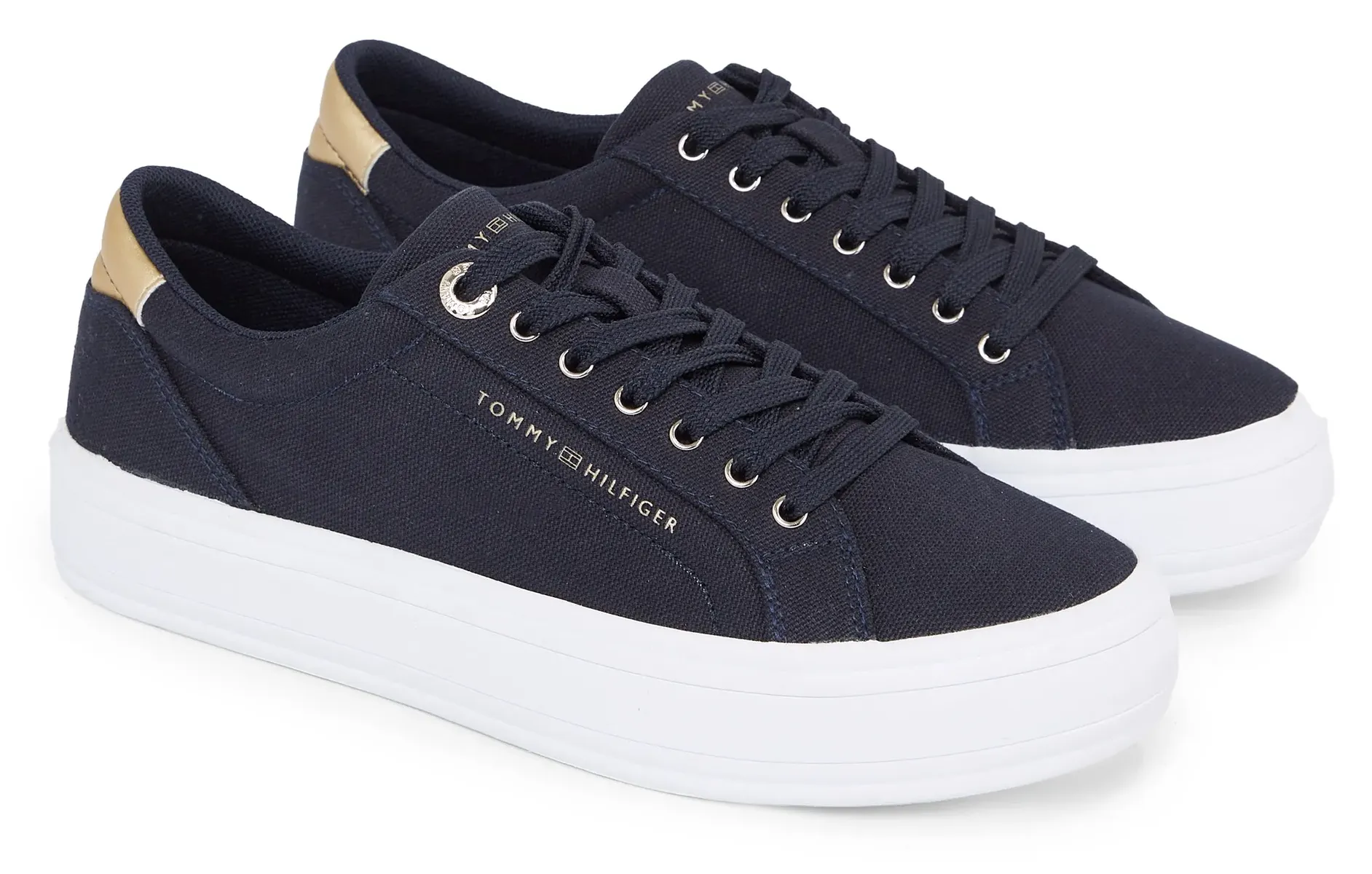 

Кроссовки на платформе Tommy Hilfiger "ESSENTIAL VULC CANVAS SNEAKER", контрастная отделка металлического цвета, повседневная обувь, полуботинки, туфли на шнуровке, синий