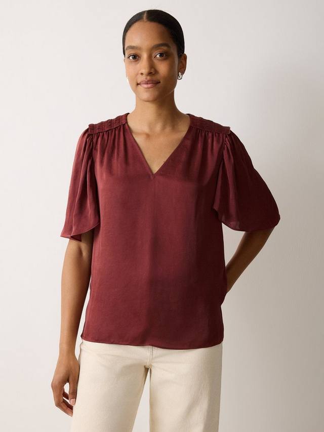 

Топ из сатина с V-образным вырезом и плиссированными деталями Jigsaw, Orange