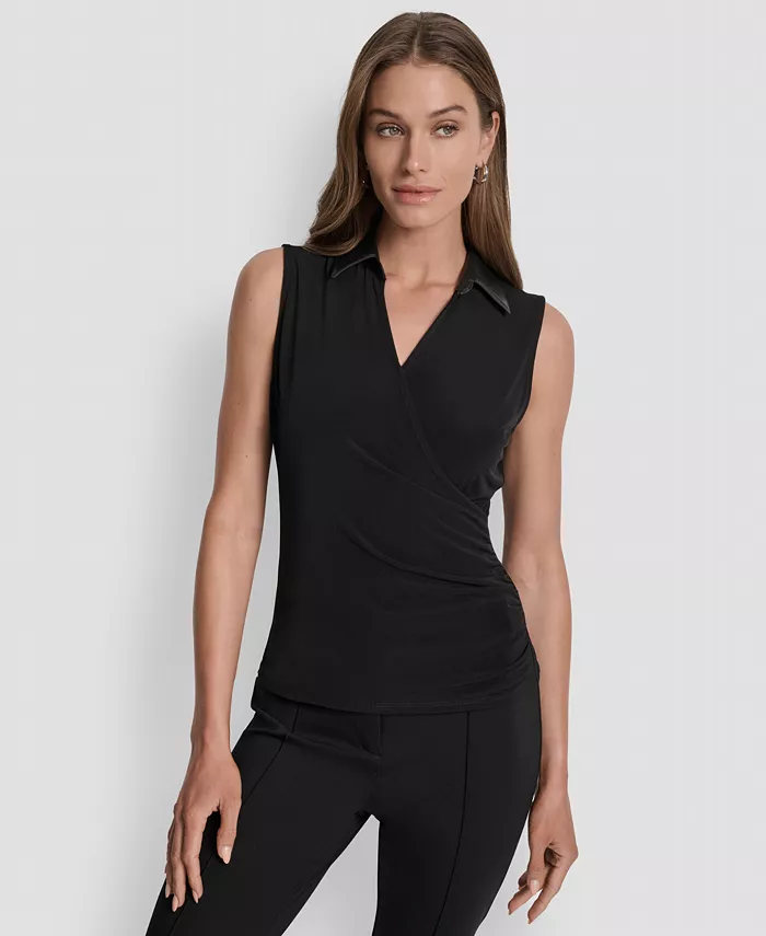 

Женский топ с контрастным воротником и сюрплисом DKNY, черный