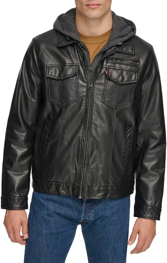 

Мужская куртка Levi's из искусственной кожи с капюшоном и подкладкой из шерпы (стандартные размеры, большие и высокие), Black