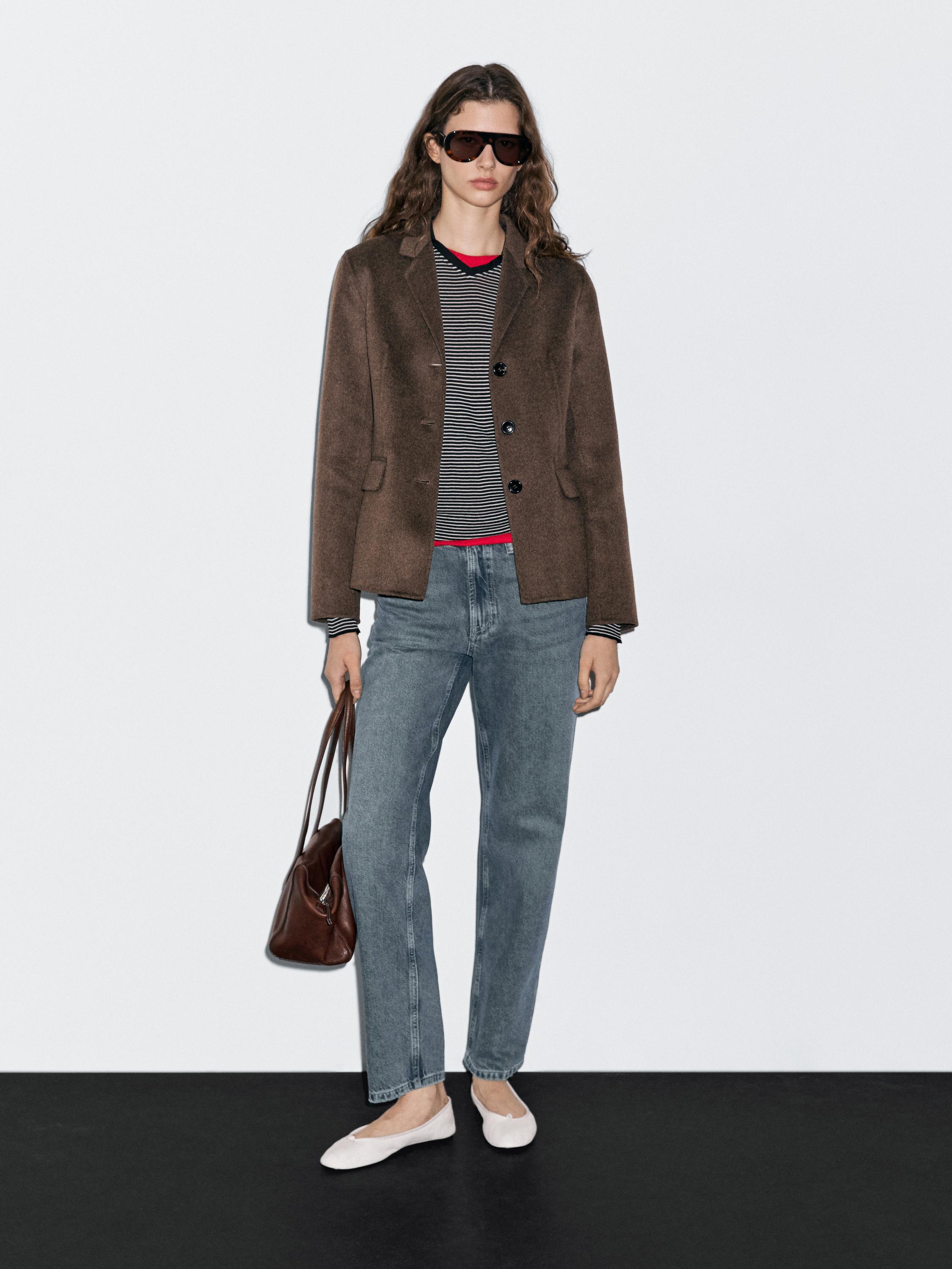 

Пиджак из смесовой шерсти с приталенным воротником Massimo Dutti, шоколадный