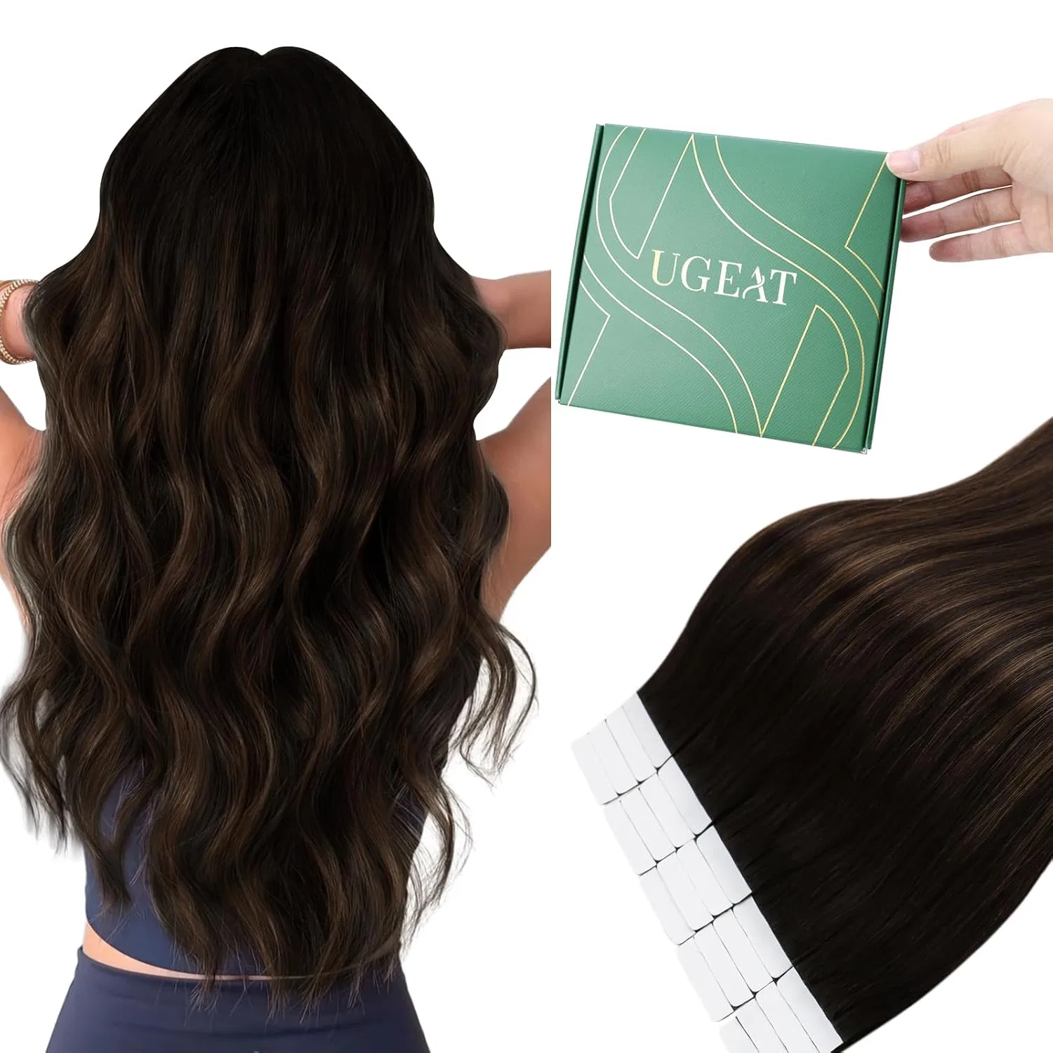 Наращивание волос на лентах из натуральных волос «Balayage Darkest Brown with Medium Brown 2/6/2» 55 см, 50 г, 20 шт. от Ugeat Ugeat