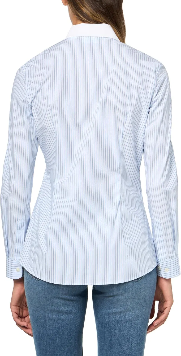 Блуза Lacoste Slim Fit Stretch Poplin, темно-синяя в полоску — фото 2