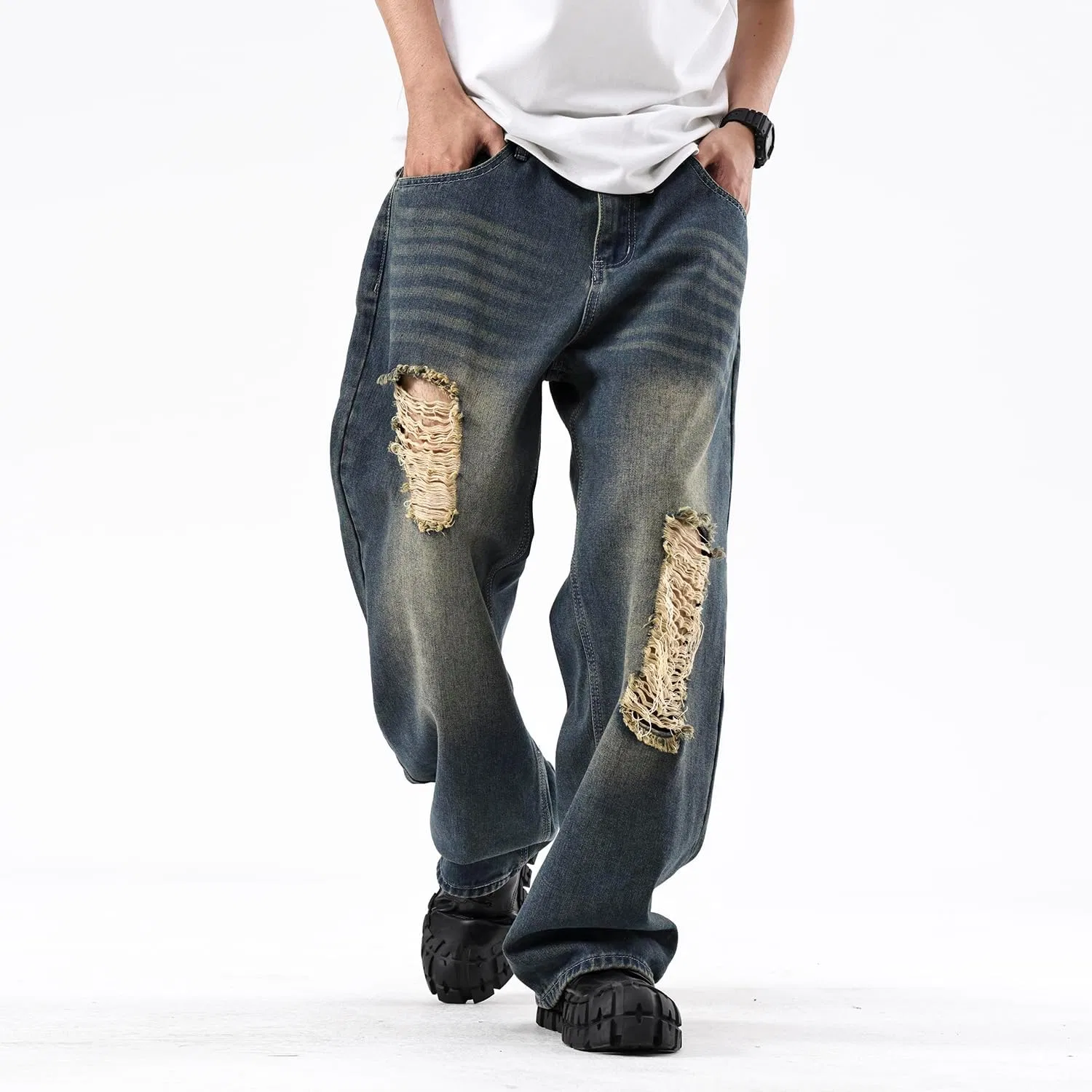Джинсы свободные мужские Ripped Baggy Jeans, Retro Blue — фото 2