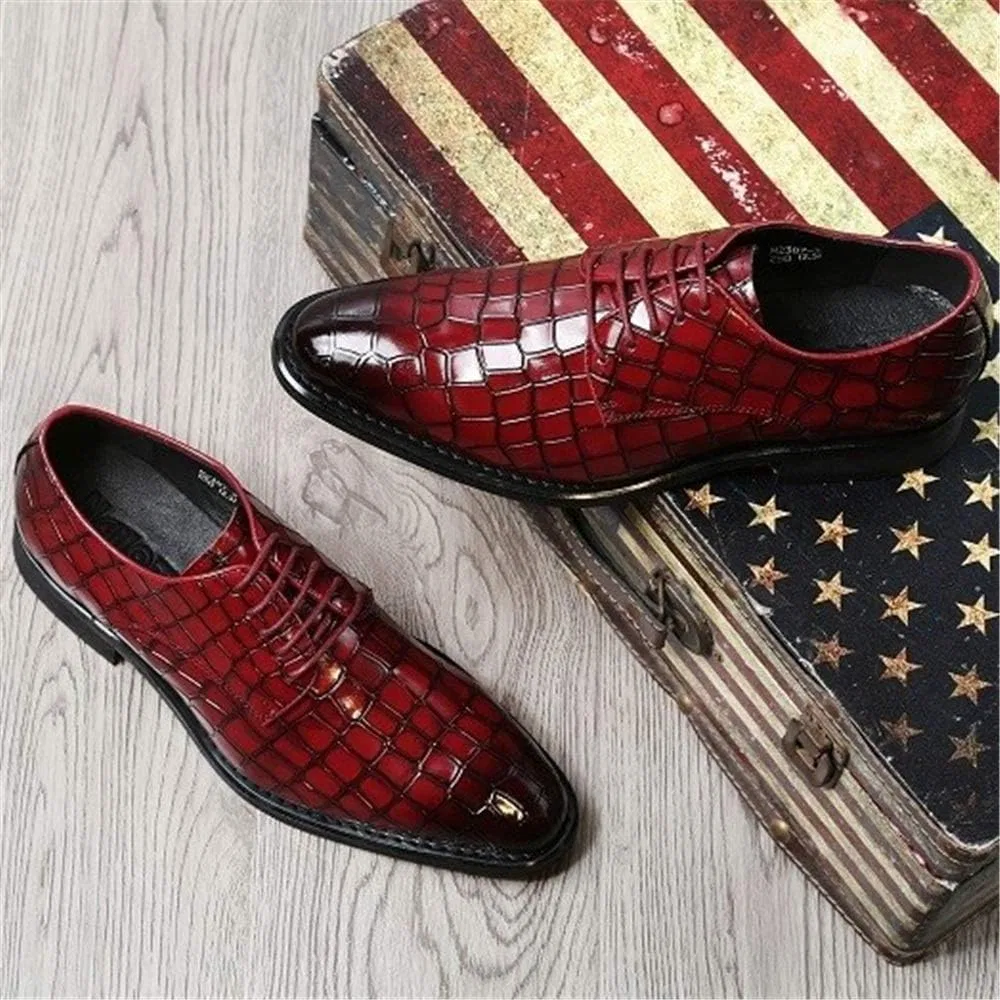 Туфли Kleiderschuhe für Männer Schnürung Krokodilgeprägte Schuhe Kuhspannern Gummi-Sohle Anti-Rutsch-Low Top Block Heel Hochzeit Generic, Wine Red — фото 4