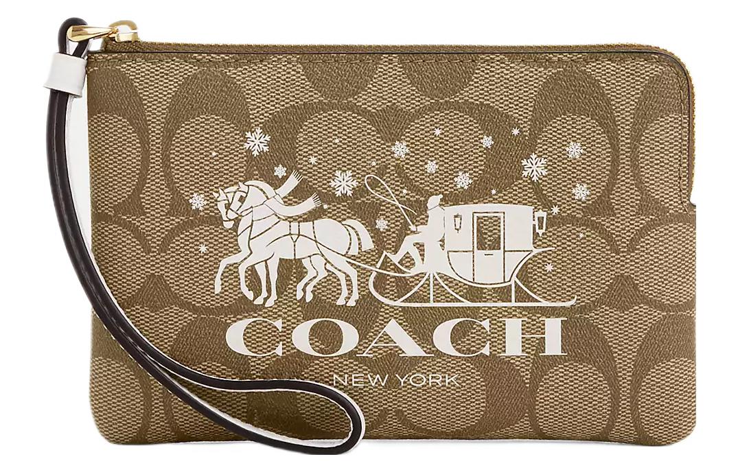 

COACH Женская сумка-клатч из гладкой кожи с покрытием, застежкой-молнией на углу, цвета золота, хаки и мела