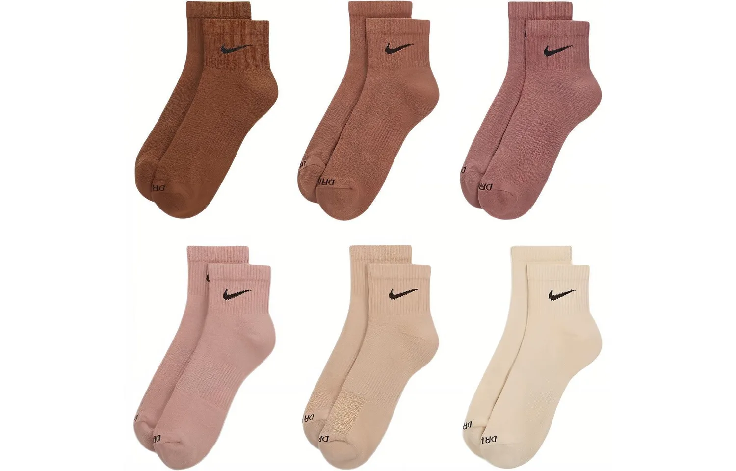 Носки повседневные с усиленной пяткой и мыском, унисекс, набор из 6 пар Nike, 6 Pack (Dark Brown+Brown+Light Brown+Light Pink+Coffee+Khaki)