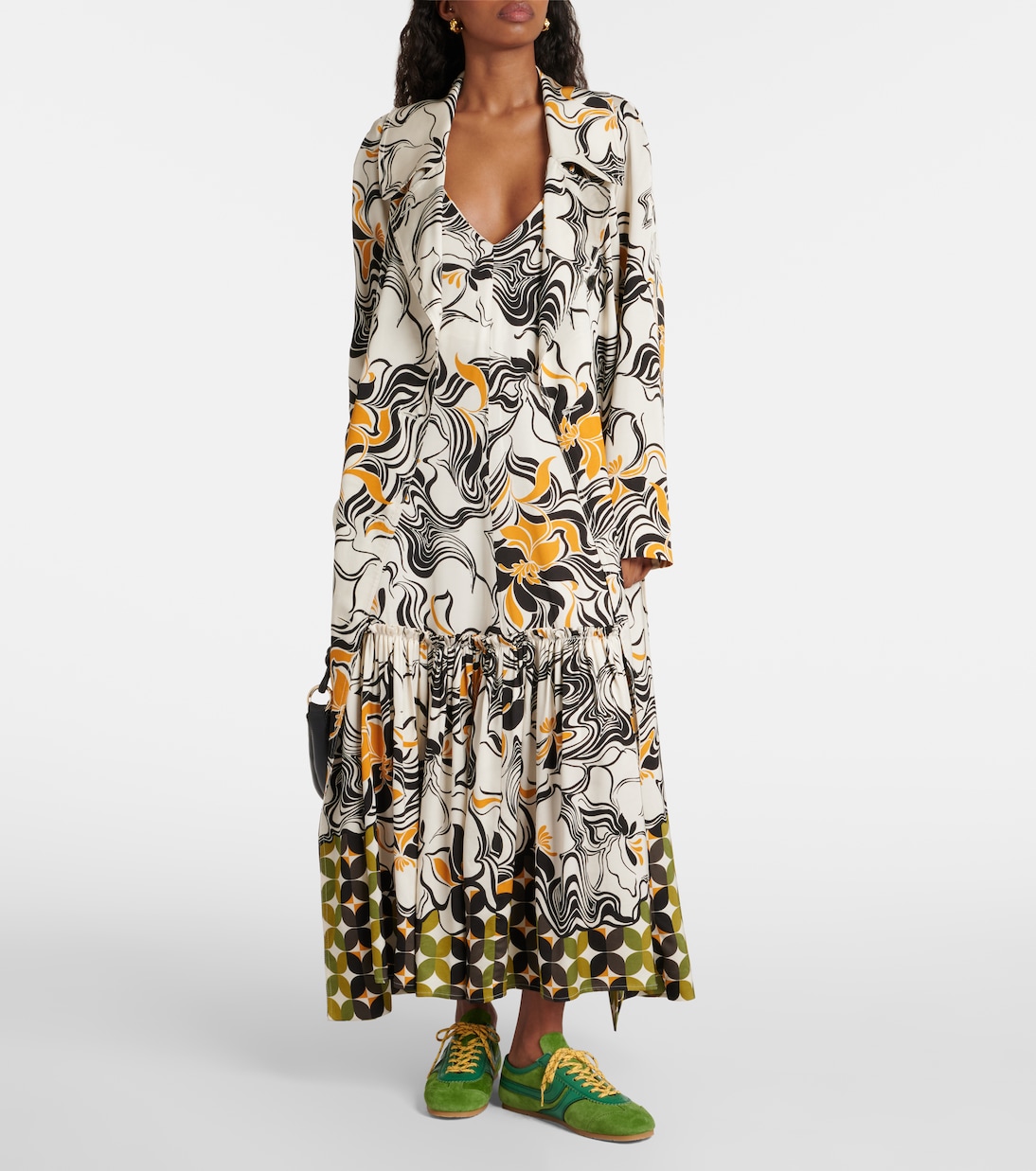 Двубортное атласное пальто с принтом Dries Van Noten, экрю — фото 2