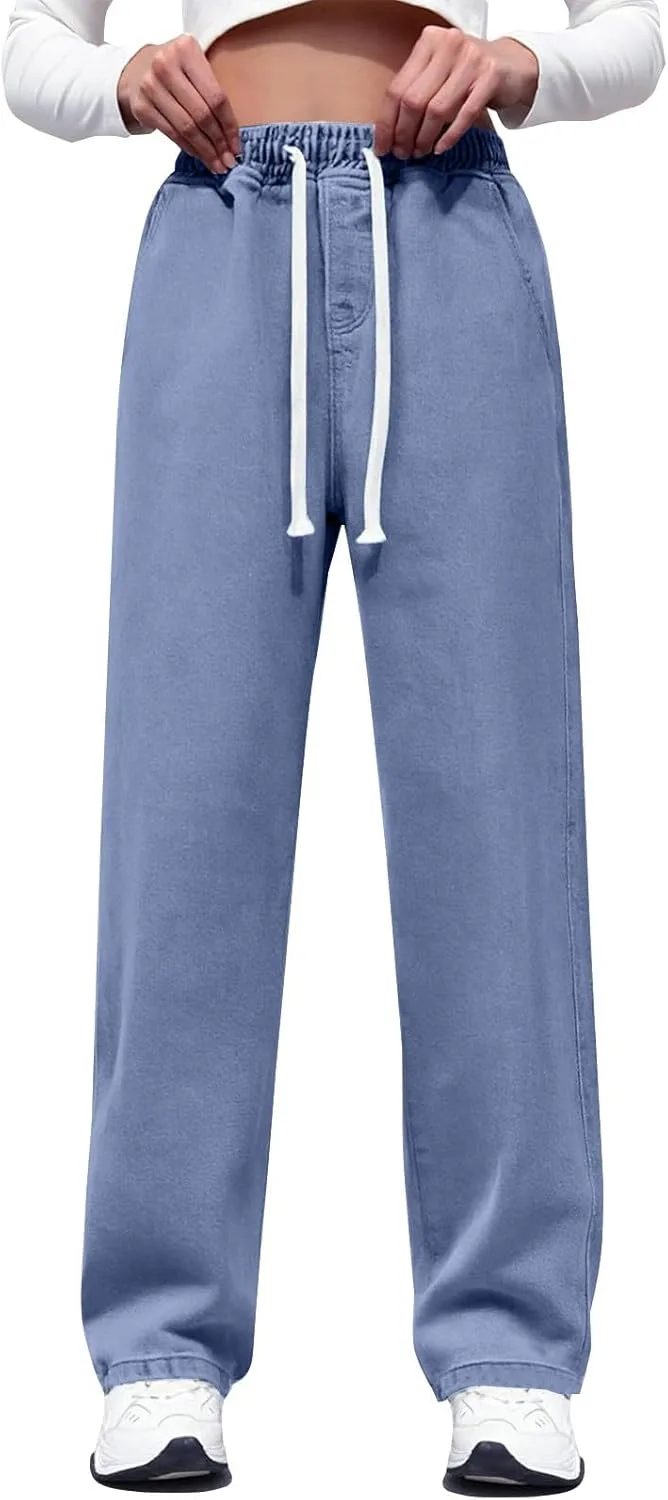 

Джинсы женские wide leg с эластичным поясом и завязками