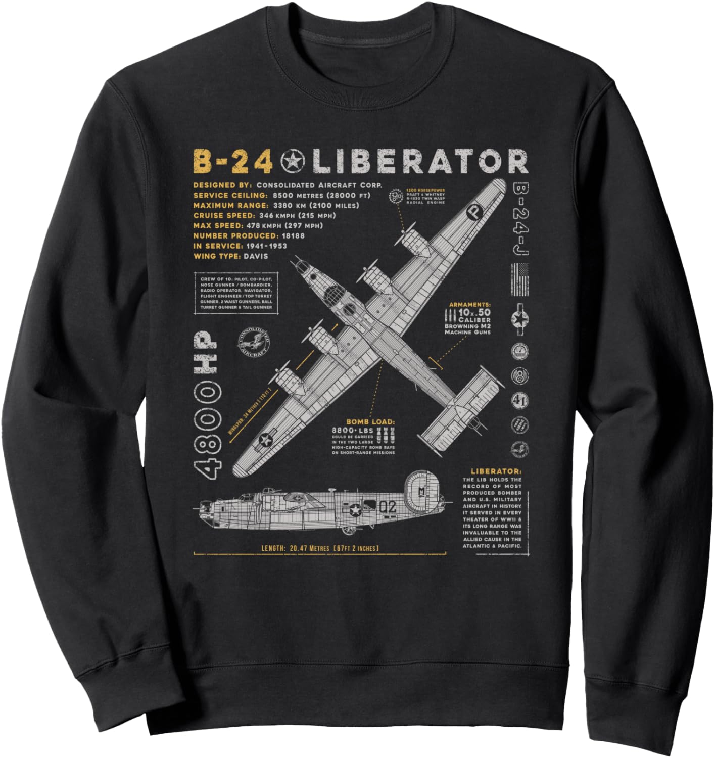 

B-24 Liberator, Винтажная толстовка с изображением бомбардировщика Consolidated Aircraft B24 909 Apparel, черный