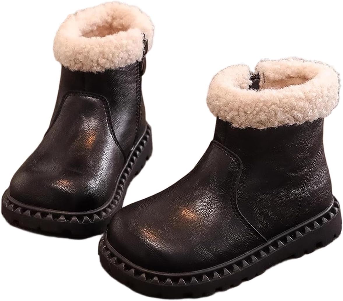 

Девочкам ботильоны на низком каблуке с боковой молнией, зимние повседневные с коротким верхом, с искусственным мехом, теплые модные ботинки из искусственной кожи Generic, Black