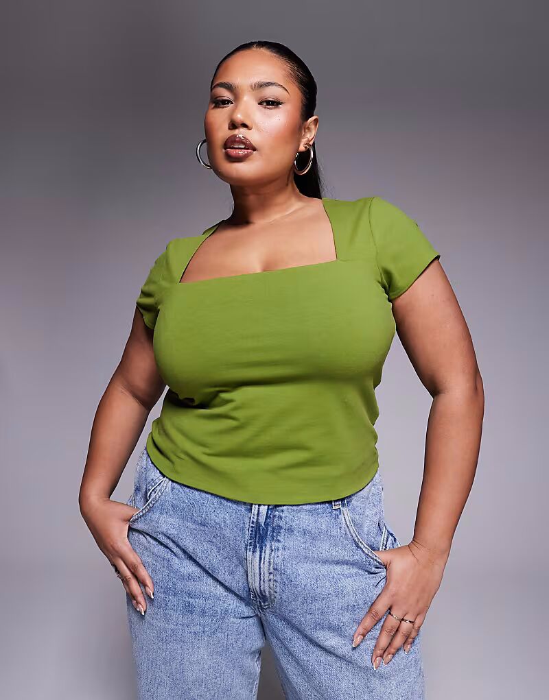 

Двухслойный топ с квадратным вырезом и рукавами-крылышками ASOS DESIGN Curve цвета хаки ASOS Curve