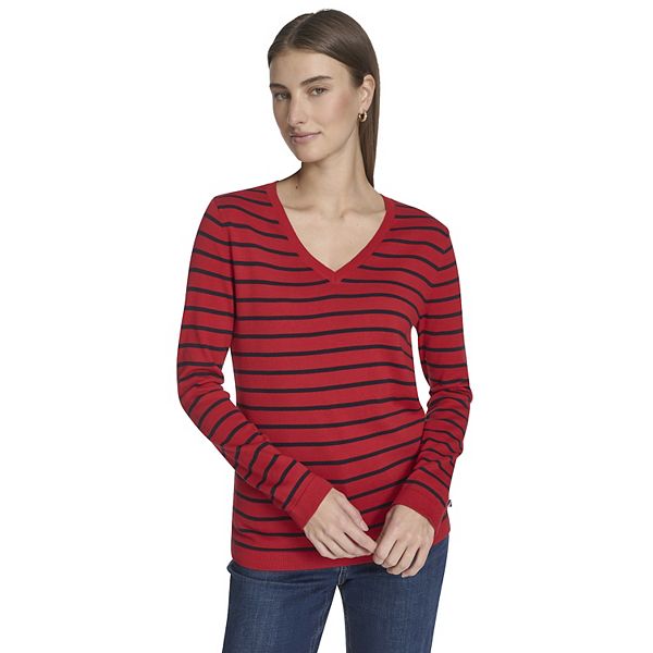 

Женский свитер с v-образным вырезом и косой Nautica, Red Stripe