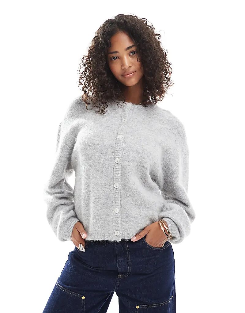 

Кардиган Gina Tricot с круглым вырезом из шерсти и альпаки светло-серого меланжевого цвета