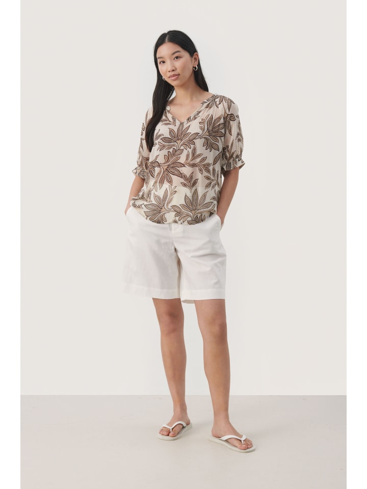 

Блузка PopsyPW с короткими рукавами, свободного кроя, темно-синего цвета с рисунком Изящный лист. PART TWO