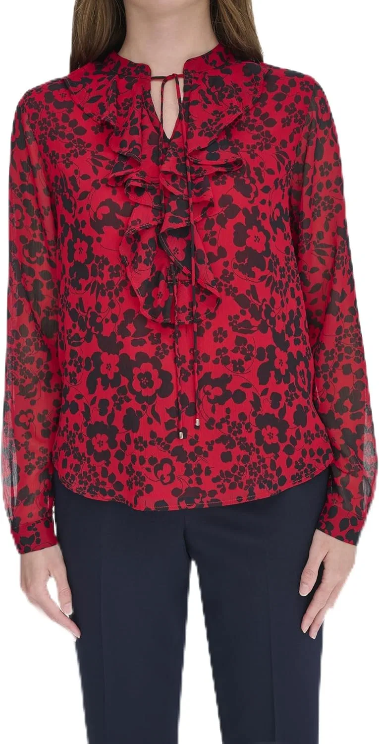 Блуза с воланами и цветочным принтом, Long Sleeve Ruffle V-Neck Blouse, Tommy Hilfiger, алый/темно-синий