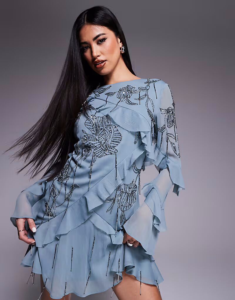 

Мини-платье ASOS DESIGN с необработанным краем, оборками и открытой спиной синего цвета
