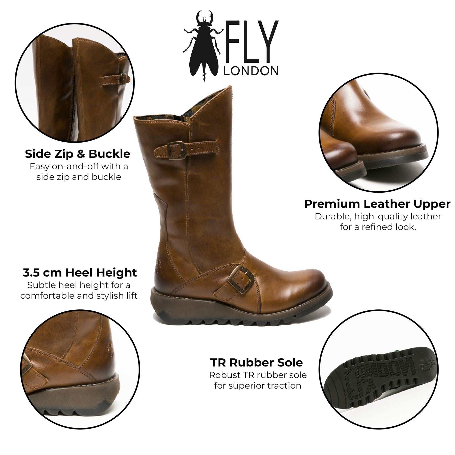 Ботинки Fly London женские верблюжьи MES 2 на платформе с клиновидным каблуком, пряжкой и молнией до середины икры, коричневый — фото 2