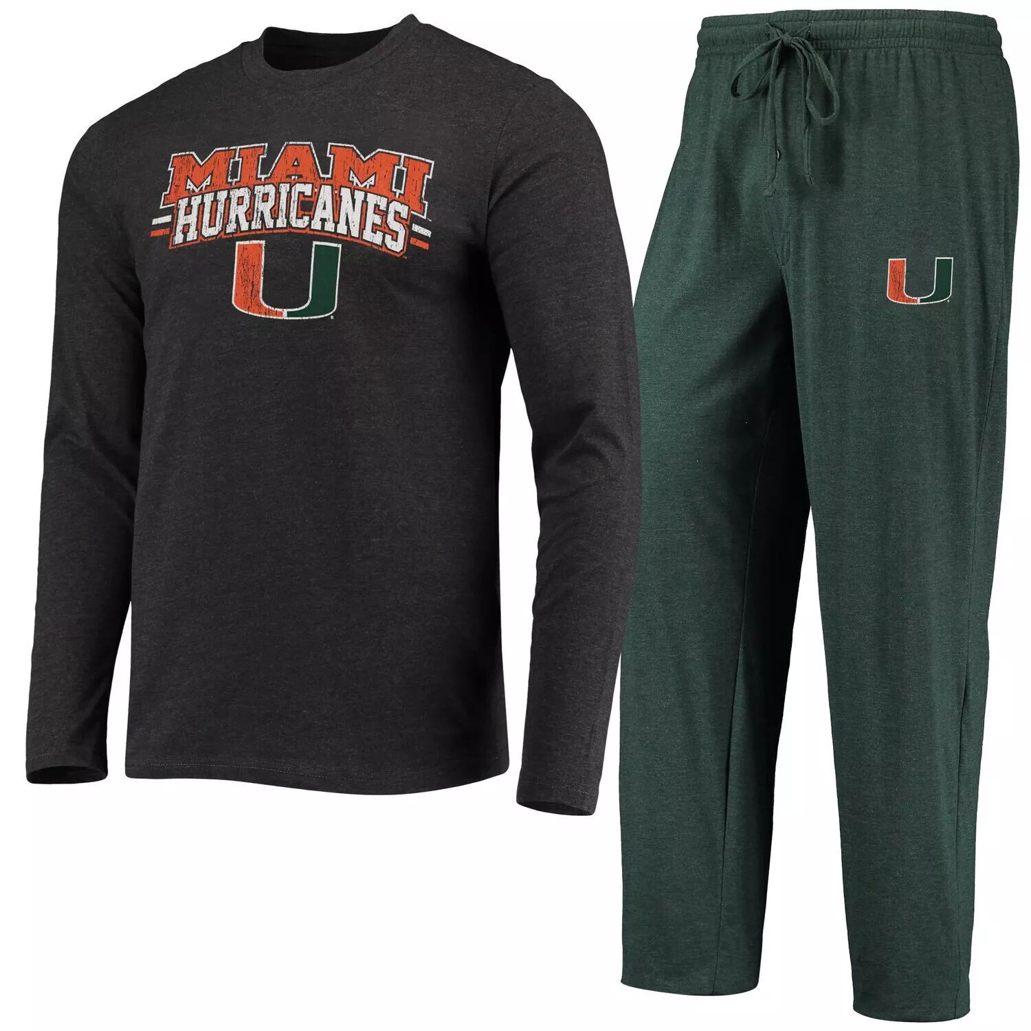 

Мужская футболка Concepts Sport Green/Hearted Charcoal Miami Hurricanes Meter с длинными рукавами и брюки, комплект для сна
