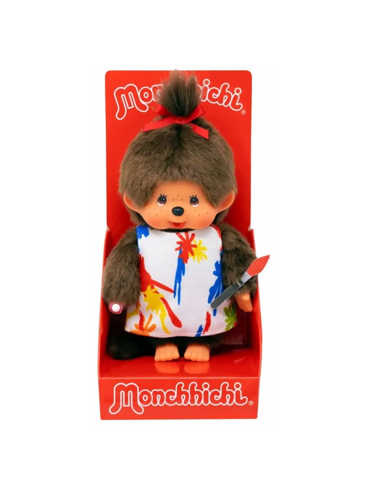 Девочка в платье художницы с косой | Кукла Мончичи, 20 см | Мода Monchhichi — фото 3