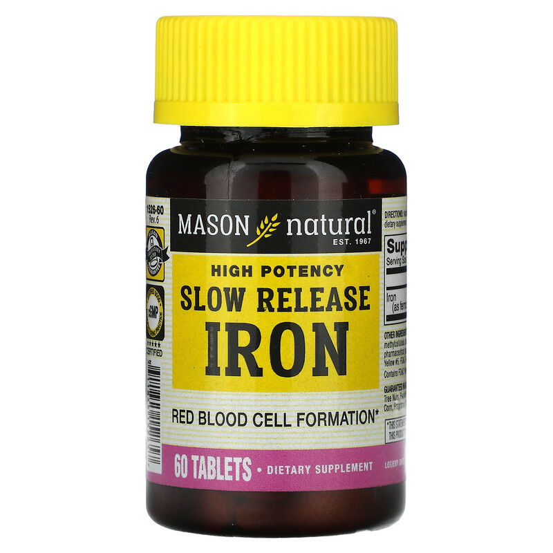 

Mason Natural, Медленное высвобождение железа, высокая эффективность, 50 мг, 60 таблеток