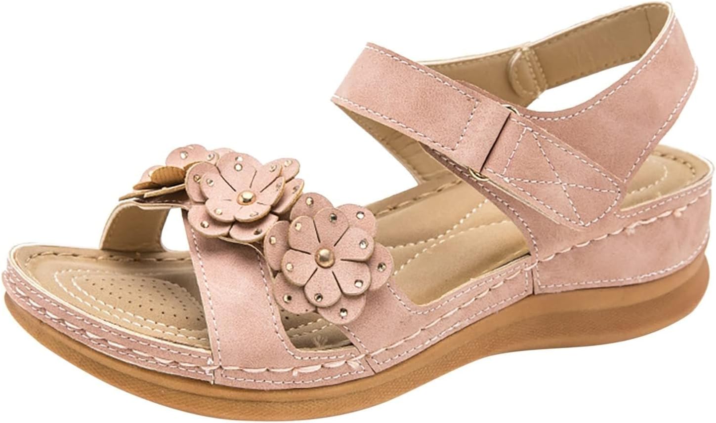 

Женские ортопедические сандалии для ходьбы, удобные нарядные повседневные туфли на платформе, сандалии на танкетке, ортопедическая поддержка свода стопы, с регулируемым ремешком на липучке Generic, розовый