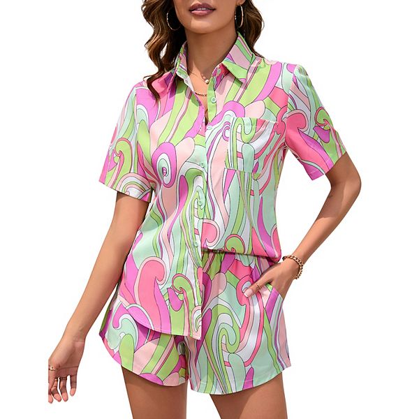 

Женский повседневный комплект из 2 предметов: рубашка на пуговицах и шорты Kojooin, Green Pink