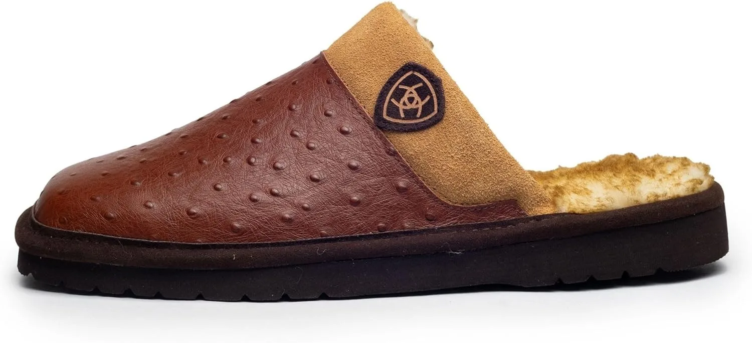 Мужские теплые и удобные домашние/уличные тапочки ARIAT Silversmith из экзотической кожи. Кожаный верх, коньячный