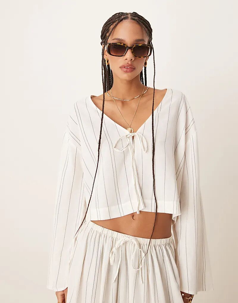

Пляжная рубашка ASOS DESIGN Belle с завязкой спереди и льном в тонкую однотонную полоску