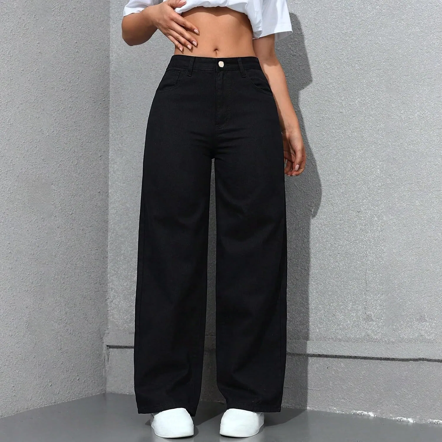Женские джинсы Wide Leg с высокой талией, эластичные, прямые, свободные, с карманами и эффектом контроля живота Generic, черный — фото 2