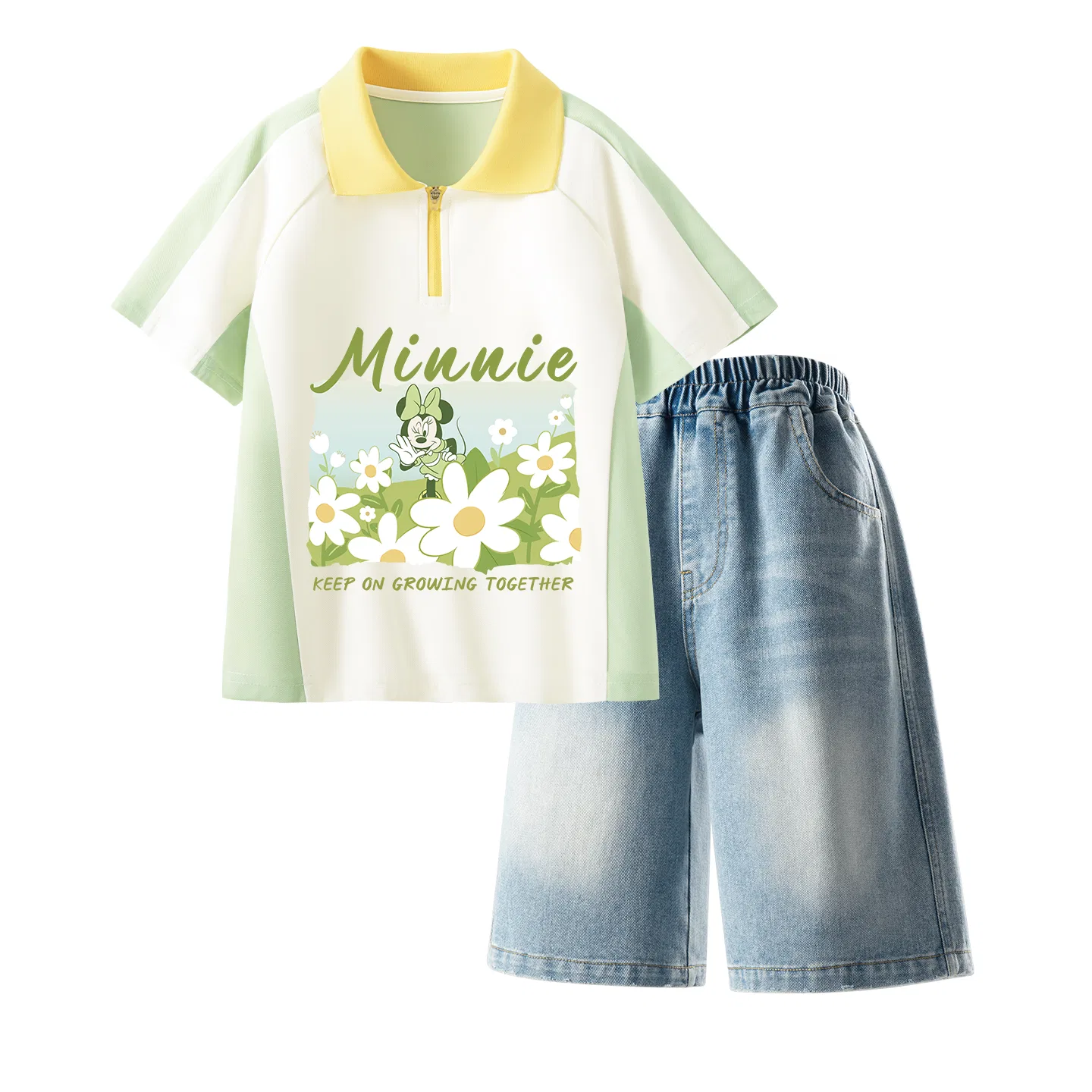 Детский спортивный костюм Casual Sportswear 2 Piece Set Disney, Di Flower Vanilla Green+Solid Color Denim Blue