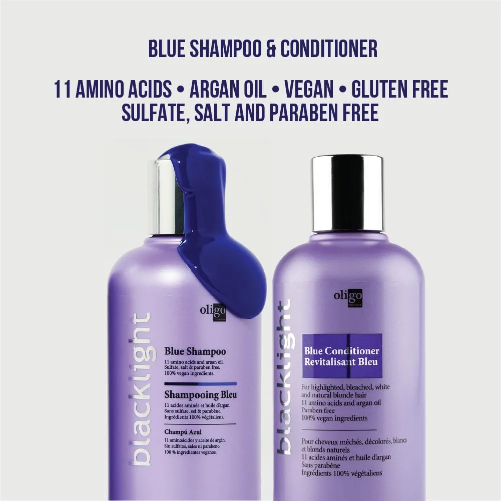 Oligo Professionnel - шампунь и кондиционер Blacklight Blue для блонда, без сульфатов, веганские, нейтрализуют желтизну, освежают выгоревшие пряди, с аргановым маслом, увлажняющая формула, набор 2 х 250 мл — фото 4