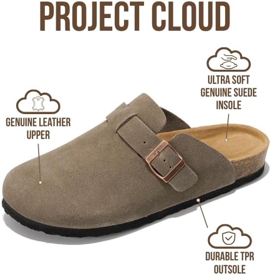 Мужские сабо Project Cloud - 100 натуральная кожа полного слоя, сабо с мемори-пеной для мужчин, поддержка свода стопы, пробковая стелька, противоскользящая подошва (Brooklyn), Taupe Suede — фото 2