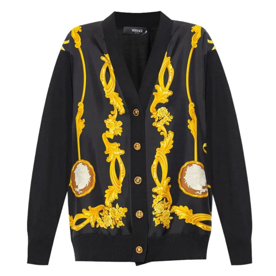 Женский кардиган Versace с V-образным вырезом и принтом в стиле барокко, черный/золотой