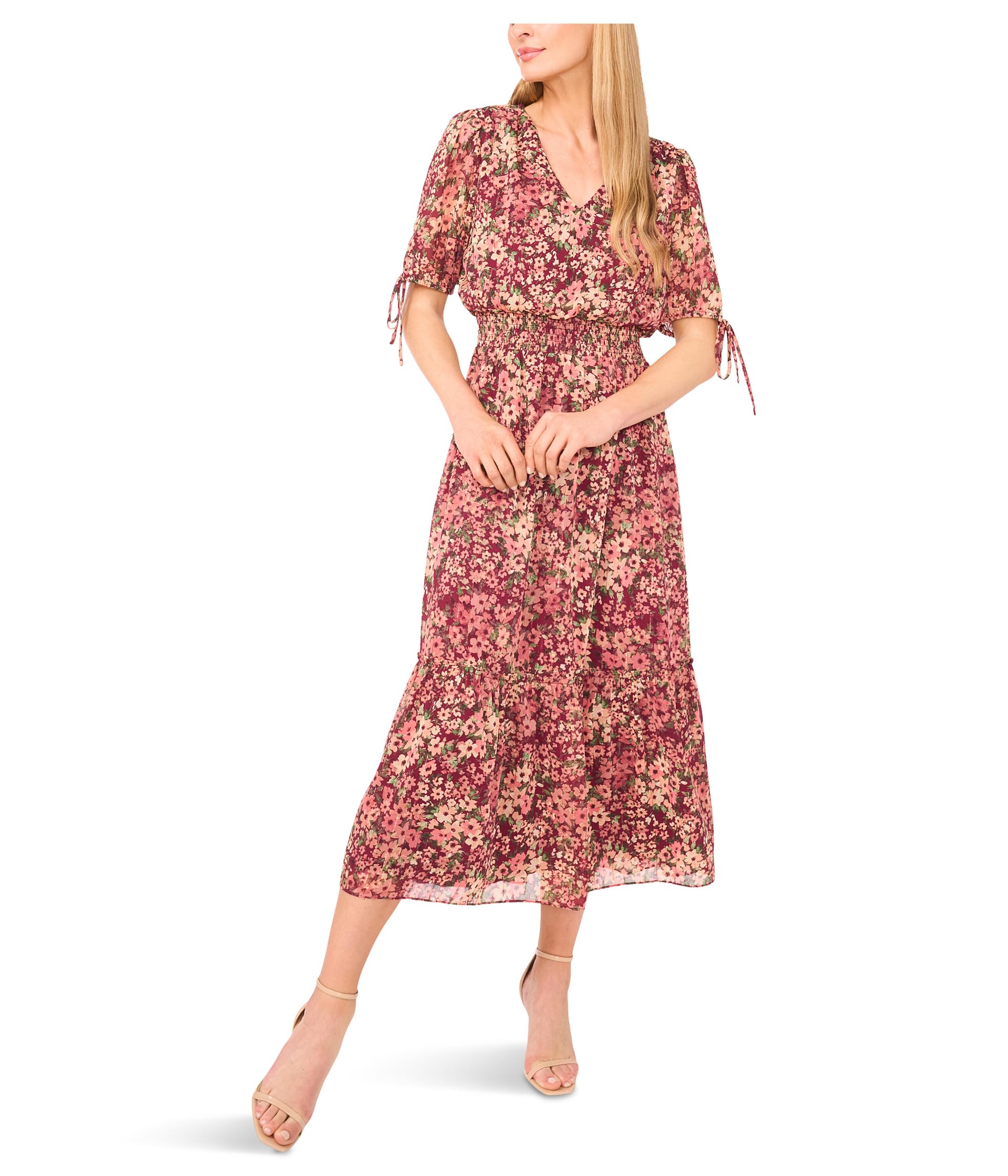 

Платье CeCe V-neck Tie Sleeve Smocked Waist Midi Dress, цвет Fresh Berry