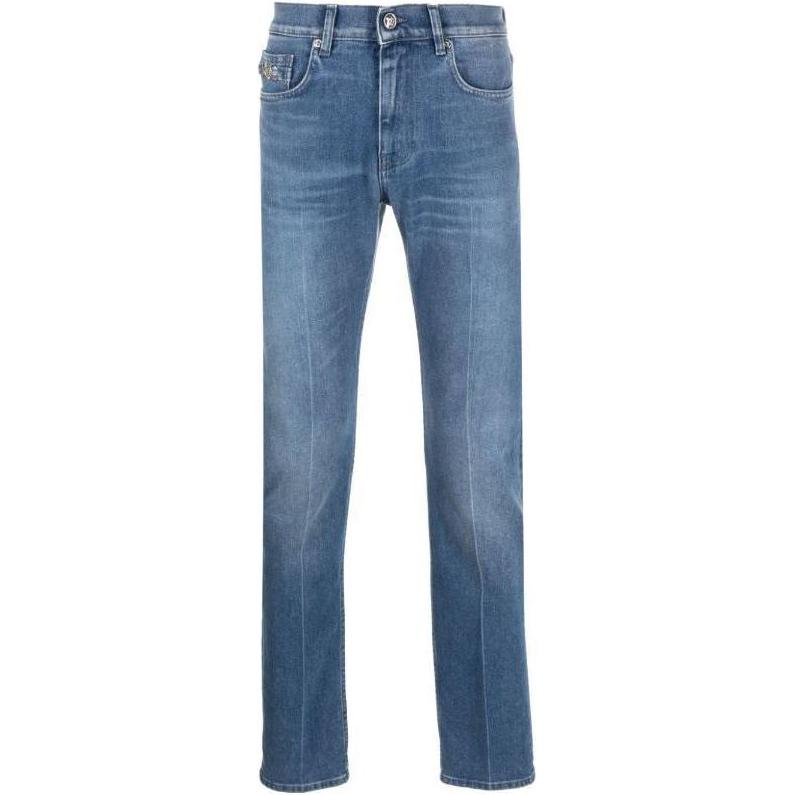 

Джинсы сшитые по фигуре с логотипом VERSACE, морской синий