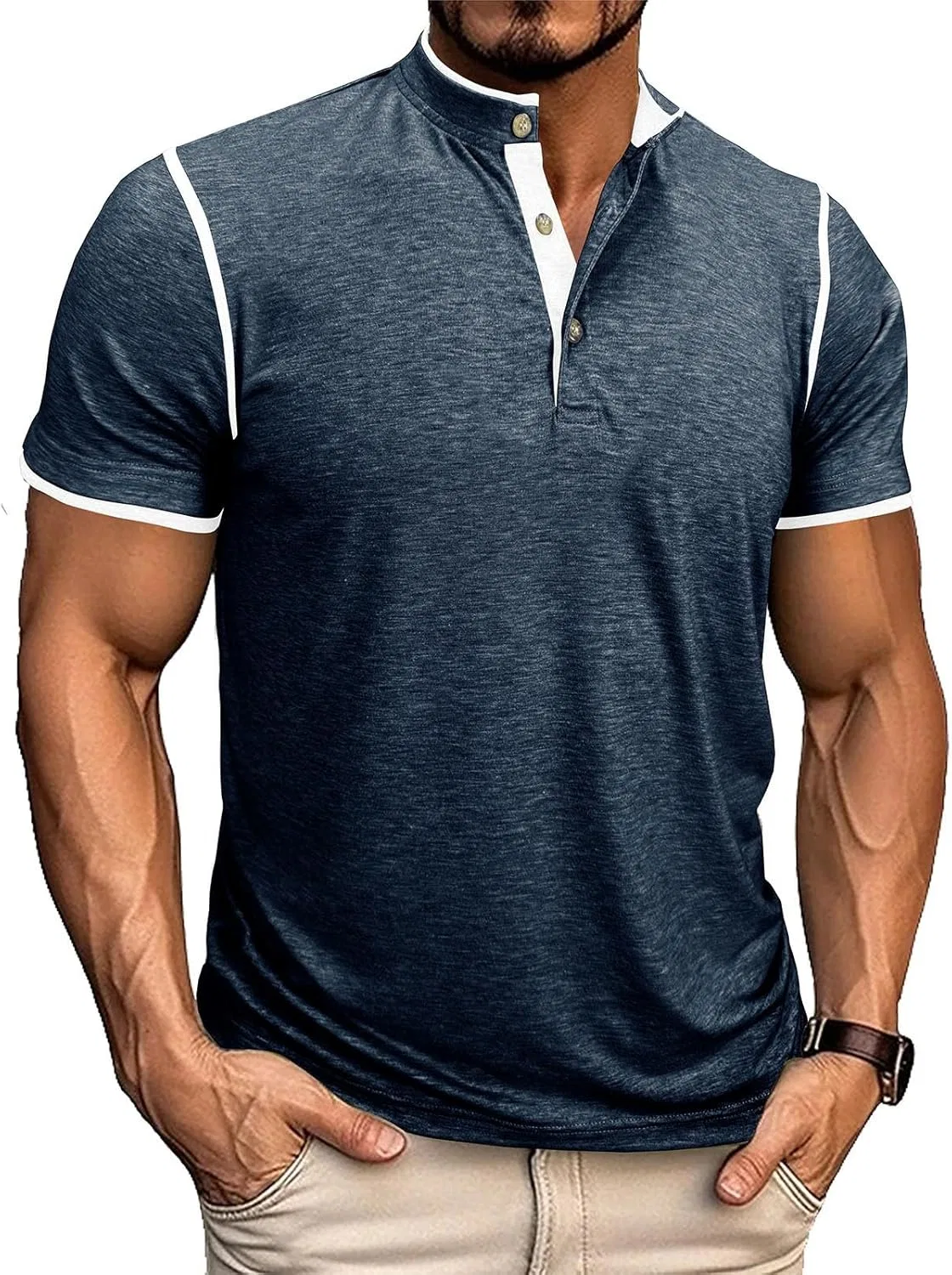 Мужская футболка с контрастными вставками, Muscle Henley, Navy — фото 2
