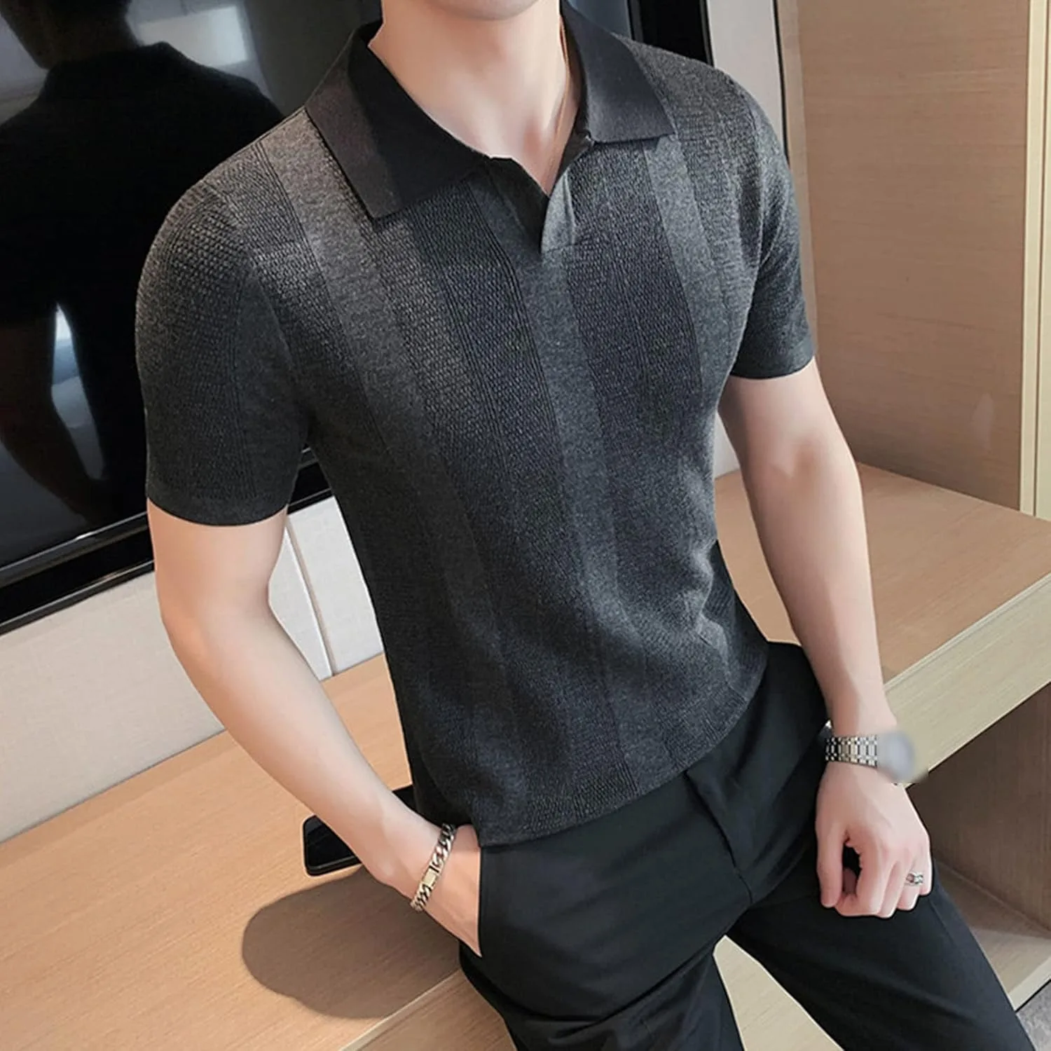 Мужская футболка для гольфа с лацканом, Regular Slim Fit, полоска, короткий рукав — фото 3
