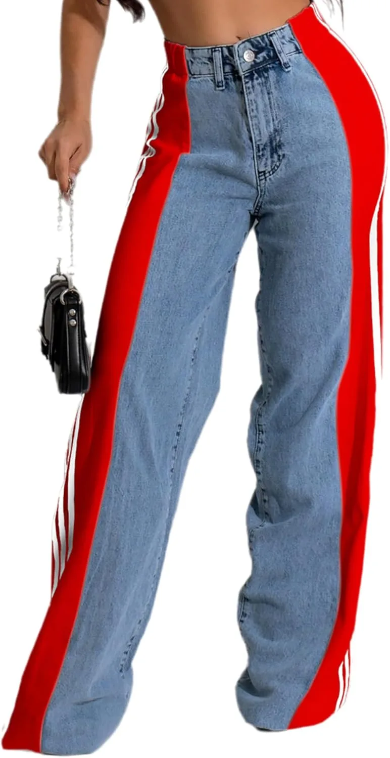 

Женские джинсы в стиле пэчворк с полосками, высокие и свободные TACSTRUN