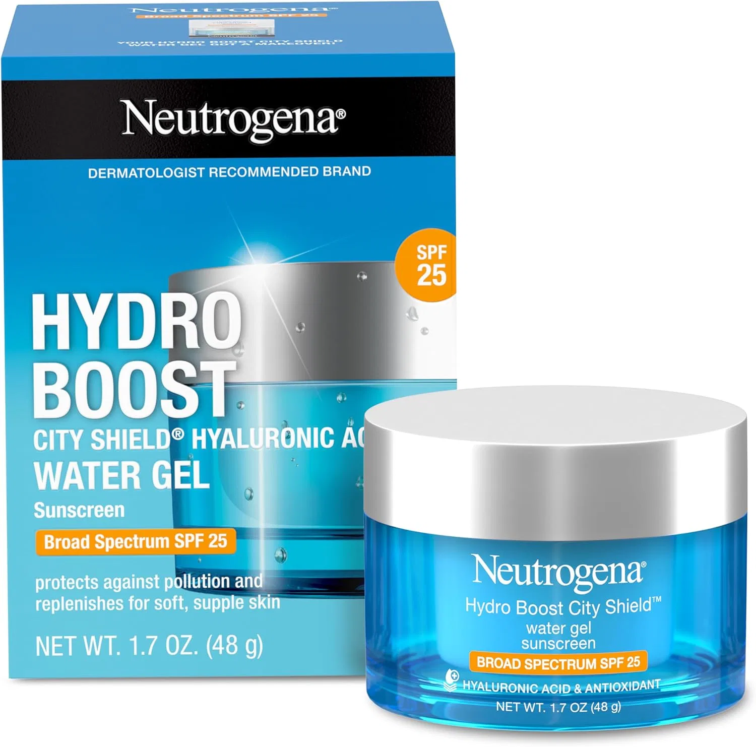 Солнцезащитный увлажняющий гель для лица Neutrogena Hydro Boost City Shield SPF 25 с гиалуроновой кислотой, 1.7 fl oz