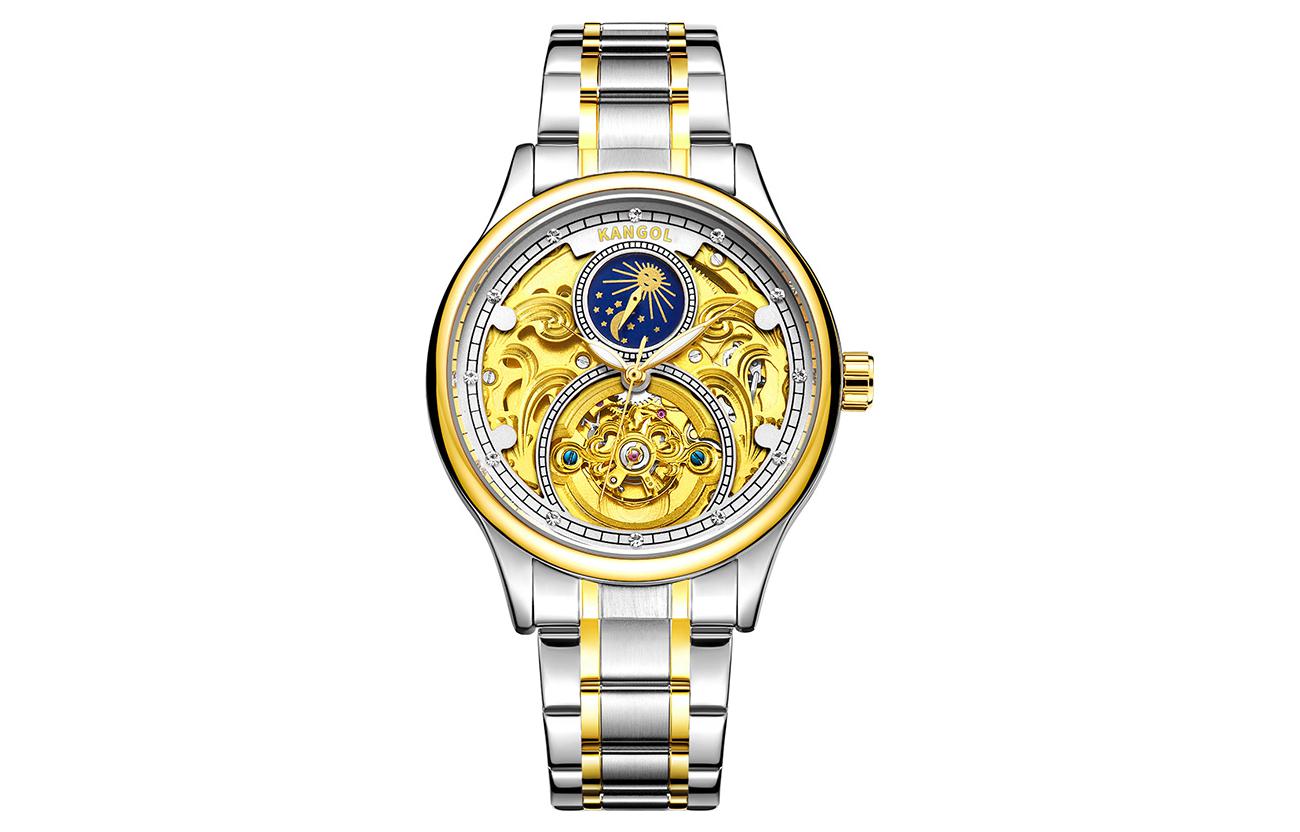 

KANGOL Часы Prestige Collection Mechanical Movement Metal Strap Watch Men's Watch Cut-Out Dial -K116, The sun and moon phase is golden and white