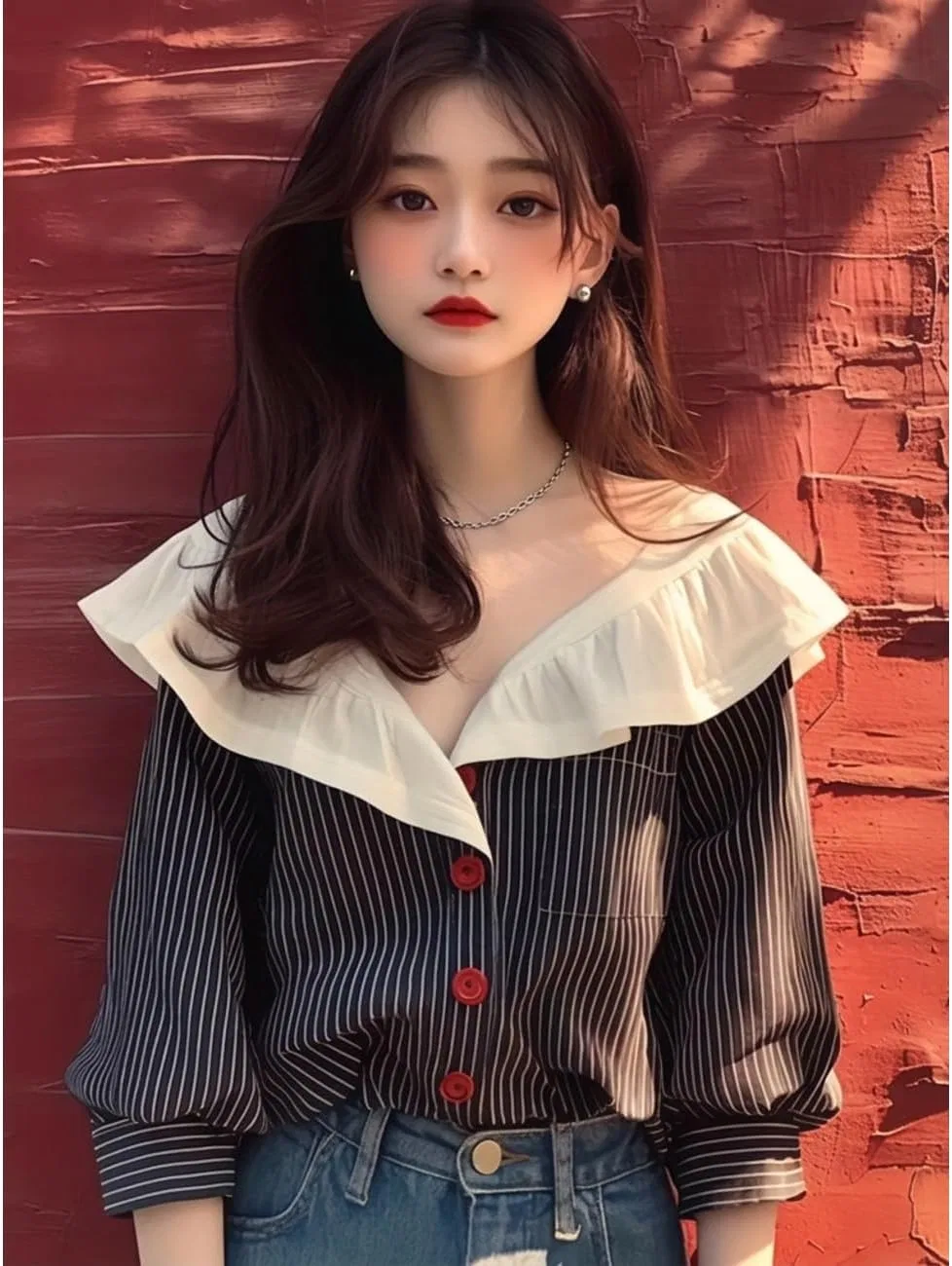 Блуза с фриловым воротником, полосатая Stripe Frill, черный — фото 2