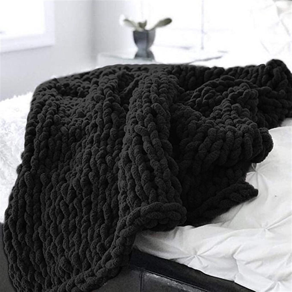 

Вязаное одеяло из синельной пряжи. Вязаное одеяло ручной работы. Покрывало для домашних животных. Кровать. Стул. Диван. Вязание. Громоздкое одеяло. Декор для дома. Подарок, черный, 80x100 см. DQQ