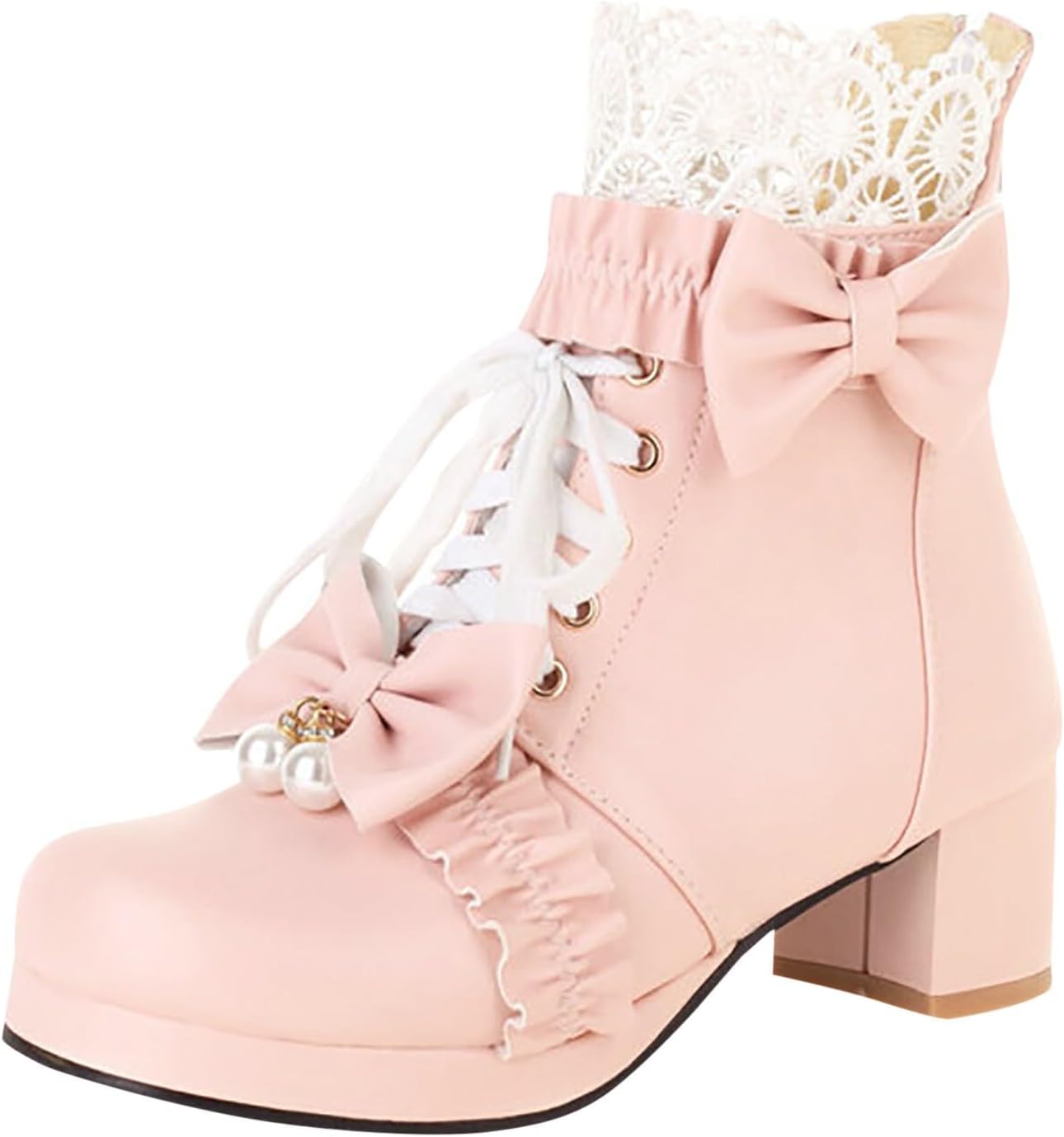 

Готические платформенные ботильоны на шнуровке с массивным высоким каблуком, с бантом, для косплея, с молнией, панк-обувь Generic, розовый