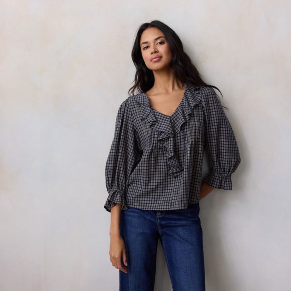 

Женская блузка с рюшами и защипами спереди Lc Lauren Conrad, цвет dark blue plaid