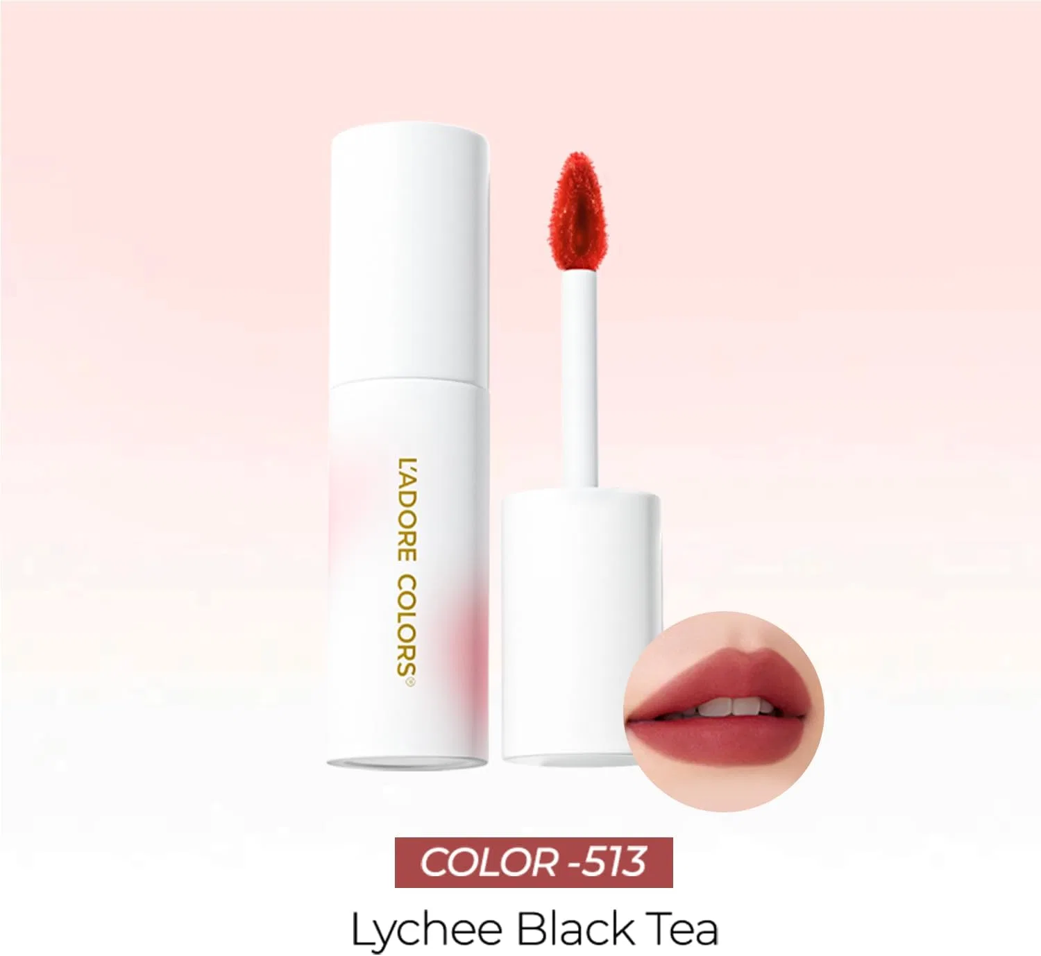 Матовый жидкий бальзам для губ L'adore Colors 513 Lychee Black Tea 2.5 г — фото 2