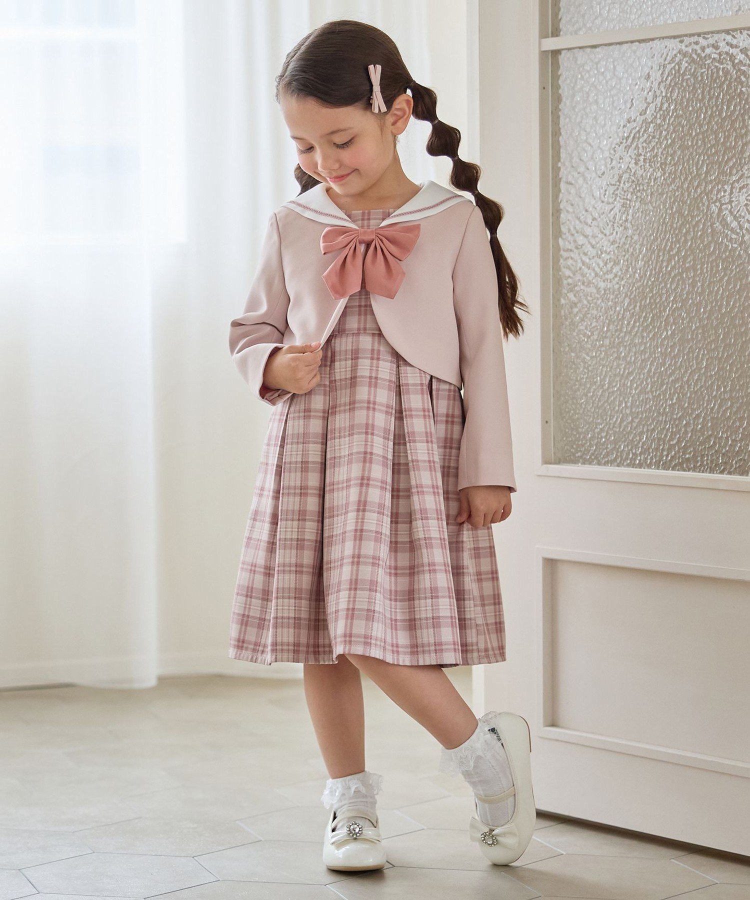 Матросская куртка + клетчатое платье ANY KIDS, Pink Beige [030] — фото 2