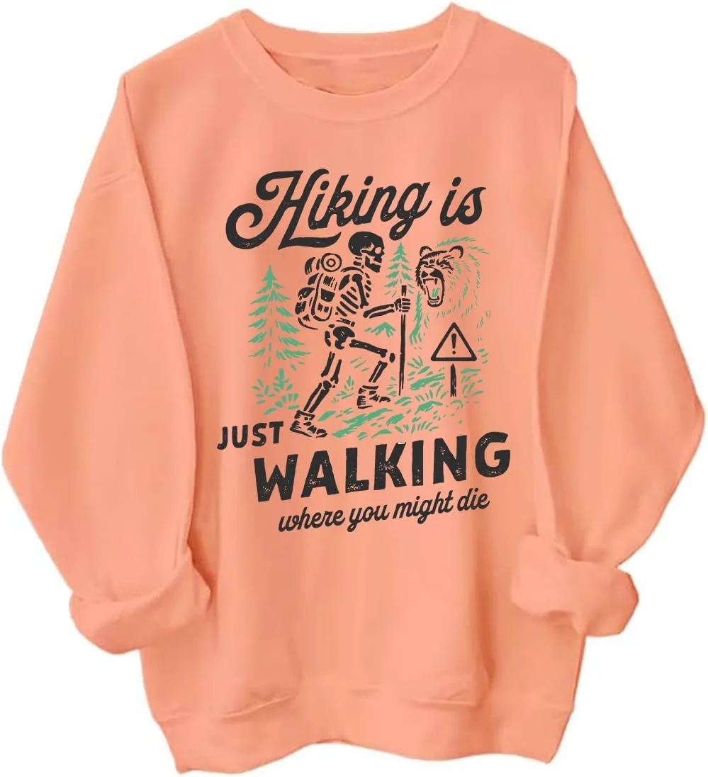 

Толстовка с принтом "Hiking Is Just Walking Where You Might Die" и скелетом BTGRL