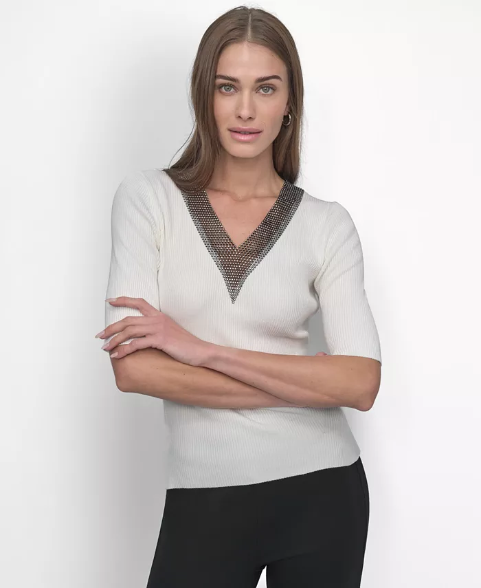 

Женский свитер с декорированным воротником и коротким рукавом из ребристой ткани Dkny, слоновая кость/кремовый