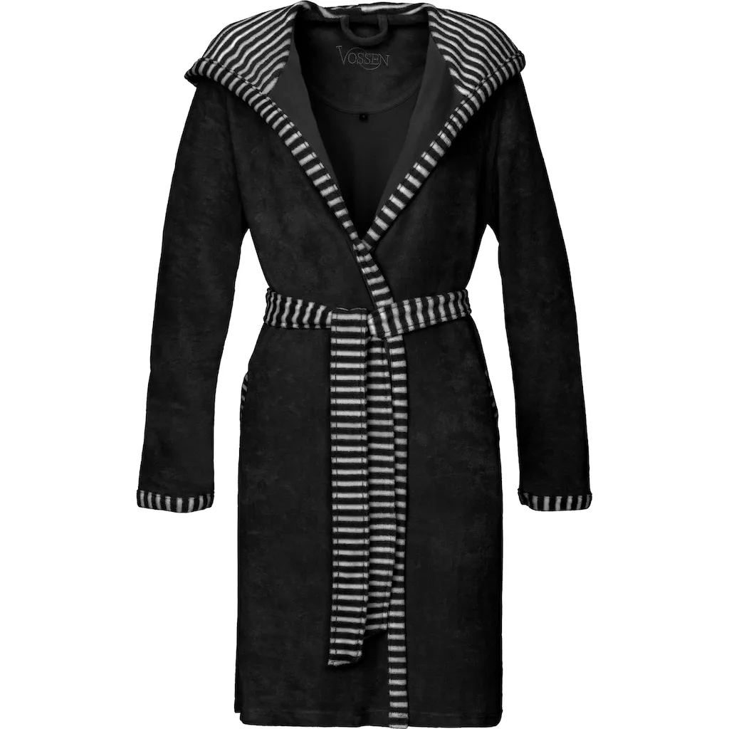 

Женский банный халат Juno, идеален для сауны и СПА, гостиничный халат, утренний халат, 1 шт., с капюшоном, с полосатыми акцентами Vossen, черный